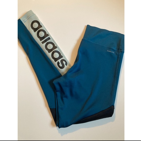 Adidas Blue/Teal climalite logo leggings size Small - Picture 2 of 8